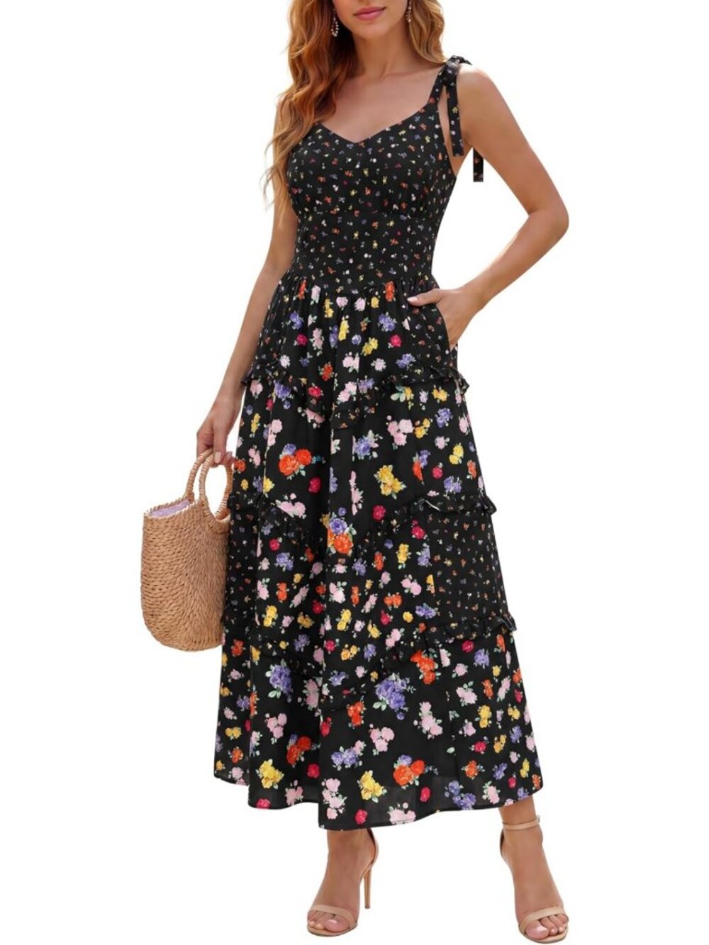Floral Maxi Dress for Women | Tie Shoulder, Ruffled, Smocked Boho Sundress